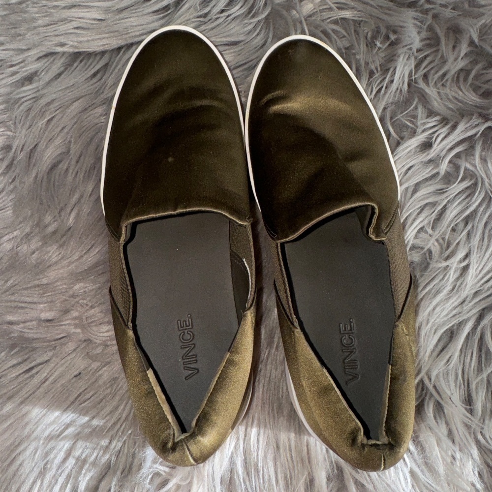 Vince Warren Italian Satin Platform Slip On Sneakers Antique Olive Size 7 - Picture 9 of 10